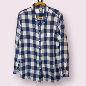 L.L. Bean 100% Linen Blue & White Plaid Long Sleeve Button Down Shirt Size XL
